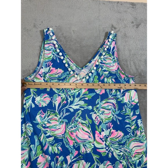 Lilly Pulitzer Camilla Dress XL Blue Tropical Floral Pom Pom Trim Cotton - Picture 3 of 8